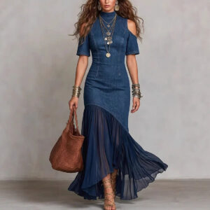 Off-shoulder Short-sleeve Mesh-hem Dress Garments Apparel / Clothing